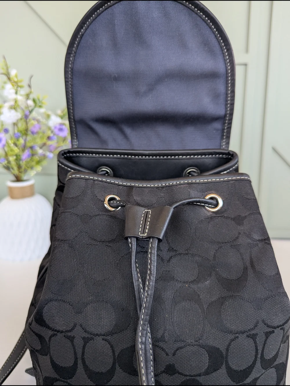Coach Black Signature Canvas Mini Backpack with Leather Trim